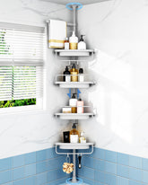 ALLZONE front view showing four-tier corner caddy and bottles for organized shower storage