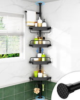 ALLZONE front view of assembled shower caddy showing compact corner storage benefit