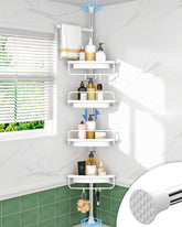 ALLZONE front view of corner shower caddy showing four shelves and tension pole, organized storage