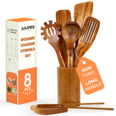 Alyfini front view of complete 8-piece set showing organized holder and spoon rest benefit