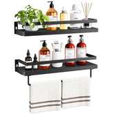 AMADA HOMEFURNISHING front view of two black floating shelves showing sleek organization benefit