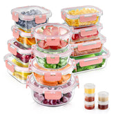 AMALEKO front view of full 34-piece set showing containers and pink lids, organized