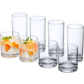 Amazing Abby front view of eight clear tumblers showing set and benefit easy entertaining