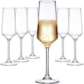 Amazing Abby Stella front view of six clear Tritan flutes showing elegant presentation and unbreakable benefit