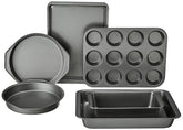 Amazon Basics front view of 6-piece bakeware set showing all pans and easy storage benefit