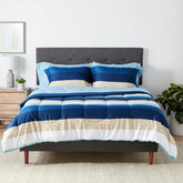 Amazon Basics blue stripe front view showing coordinated comforter set and neat styling