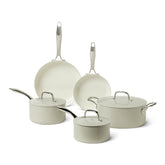 Amazon Basics 8-piece set front view showing linen gray finish and lids for quick identification and style