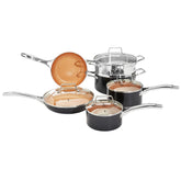 Amazon Basics front view of copper 10-piece set showing cookware lineup and benefit of complete starter kit