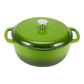 Amazon Basics Dutch oven front view showing green enamel and heavy-duty design for even cooking