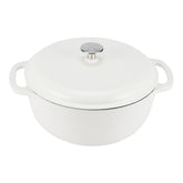 Amazon Basics Dutch oven front view showing matte white finish and dual handles for easy lifting