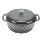 Amazon Basics Dutch oven front view showing gray enamel and lid benefit: durable finish
