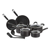 Amazon Basics front packaging showing the full 12-piece cookware set and included lids for kitchen readiness