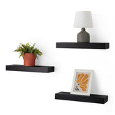 Amazon Basics front view of 3-pack black floating shelves showing clean profile and space-saving benefit