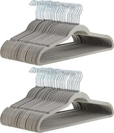 Amazon Basics front packaging showing 100-pack gray/silver hangers for organized closets