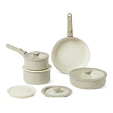 Amazon Basics front view of linen gray cookware set showing compact stackable layout and benefits