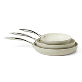amazon basics front view of 3-piece frying pan set showing linen gray finish and sizes