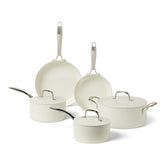 Amazon Basics ivory cookware set front view showing included pieces and benefits