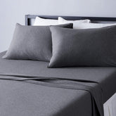 Amazon Basics front view of king sheet set packaging showing contents and color benefits
