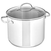 Amazon Basics front view of stainless steel stock pot showing capacity and sturdy handles