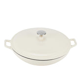 Amazon Basics white covered casserole front view showing compact design and even cooking