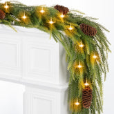 Amazqi 9ft garland front view showing full greenery and lights, ready to decorate