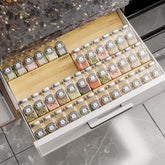AMBIRD front view of bamboo spice organizer showing tidy tiers and accessibility