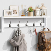 AMBIRD front view of white pine rack showing five hooks and shelf, tidy storage