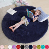 Amdrebio front view of dark navy round rug showing plush look and color benefit