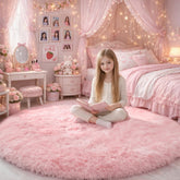 Amdrebio front view of round pink shaggy rug showing plush look and cozy decor benefit