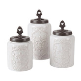 American Atelier front view of three Fleur de Lis canisters showing cohesive style and storage benefit