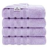 American Soft Linen front packaging showing four bath towels and neat fold benefit of complete set