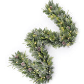 AMERZEST garland front packaging showing full 9ft snowy greenery and lights for easy setup