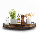 AMH front view of 16-inch lazy susan showing walnut finish and organized condiments benefit accessibility