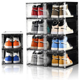 Amllas clear shoe box front view showing visible shoes and neat display