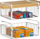 AmonHouseware front view of under shelf basket showing clean white finish and compact storage benefit