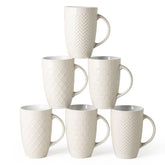AmorArc beige mug set front view showing six mugs and packaging benefit display