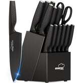 Amorston front view of black block set showing complete 15-piece collection and tidy storage