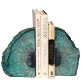 AMOYSTONE front view of teal agate bookends showing balanced weight and style
