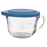 Anchor Hocking bowl front view showing clear glass and blue lid for versatile use