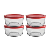 Anchor Hocking front packaging showing set of four and red lids for easy storage