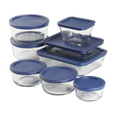 Anchor Hocking front view of full 16-piece set showing containers and navy lids, clean storage