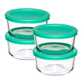 Anchor Hocking front view of four glass containers showing mint lids and stackability benefit