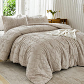 Andency king comforter front view showing khaki tufted design and elegant look