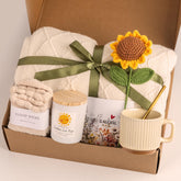 Anforsun gift box front view showing assembled sunflower care package benefits comfort