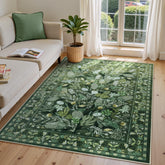 Anidaroel front view of green botanical rug showing ombré floral benefits soft style