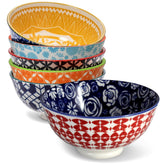 Annovero front view of six colorful porcelain bowls shows vibrant patterns and service appeal