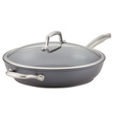 Anolon Accolade front view showing moonstone gray skillet and lid, highlighting durability