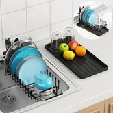 ANTOPY front view of compact expandable sink dish rack showing plate slots and coating benefit