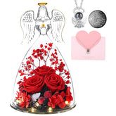 ANWEAO glass angel front view showing preserved roses and elegance