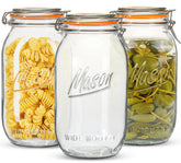 Anwoi front view of three 64oz jars showing clear glass and labels for neat storage benefit
